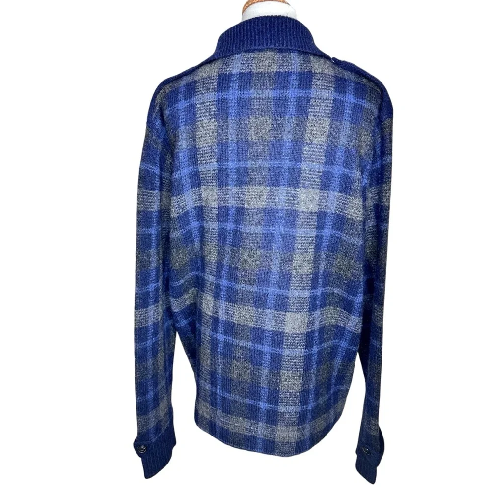 Vintage 80s Polo Ralph Lauren Plaid Wool & Alpaca Cardigan Sweater Jacket Blue